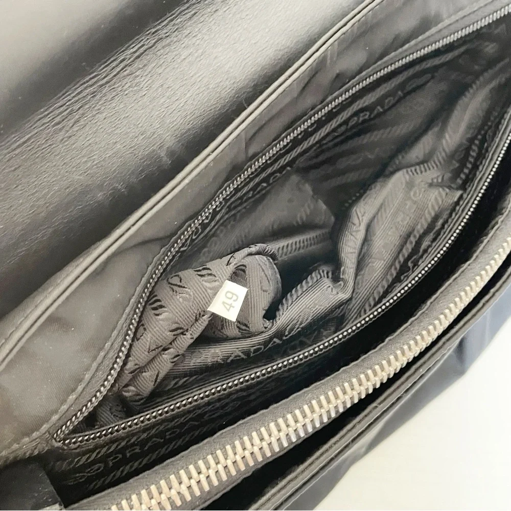 Prada black nylon and leather silver pushlock vintage iconic slouchy briefcase